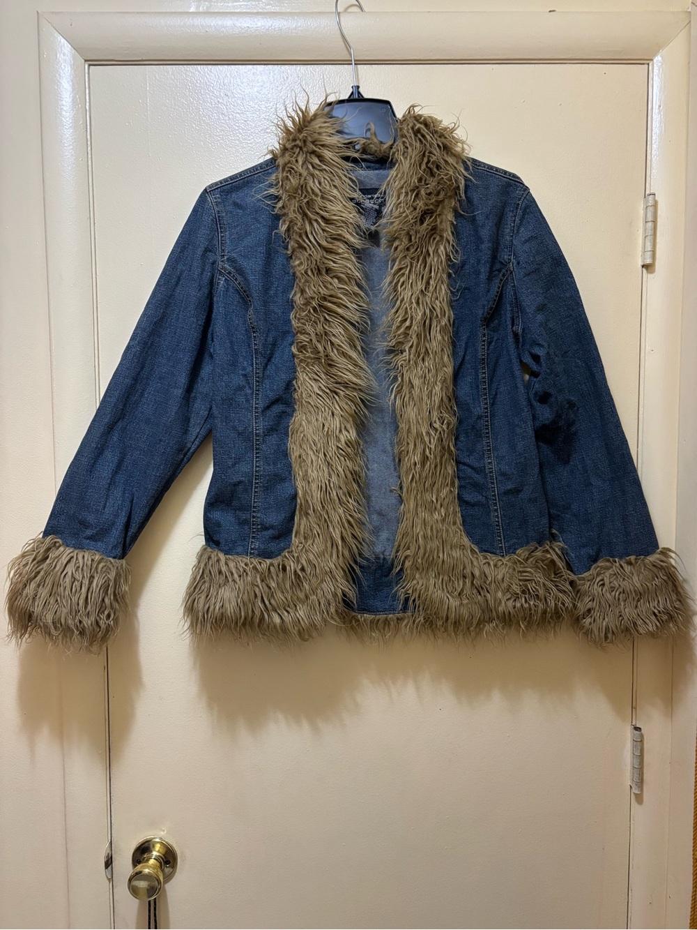 No Boundaries Blue Denim Jacket with Brown Faux Fur Trim